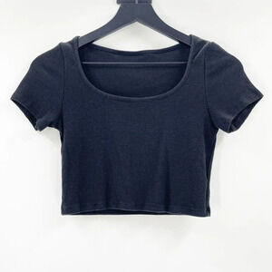 Shein Womens Crop Top Size XS Black Ribbed Square Neck Short Sleeve Stretch